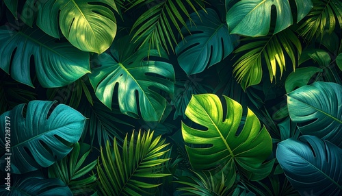 Lush Tropical Green Leaves, Exotic Botanical Foliage, Verdant Jungle Canopy