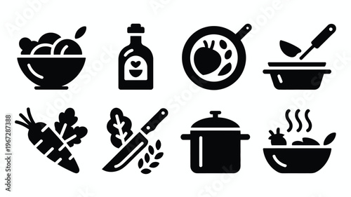 Collection of black silhouette icons representing ingredients and actions for healthy cooking and meal preparation including fresh vegetables a bottle of oil kitchen utensils