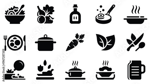 Collection of stylized black silhouette icons representing healthy cooking fresh ingredients culinary tools and prepared meals isolated on a clean white background perfect