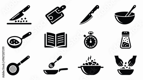 Diverse culinary icons collection professional kitchen tools cooking utensils recipe book timer and ingredients representing food preparation and culinary arts in a clean modern