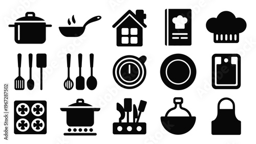 Collection of black silhouette icons representing kitchenware cooking utensils and culinary elements including pots pans spatulas a chef hat cookbook stove and apron ideal