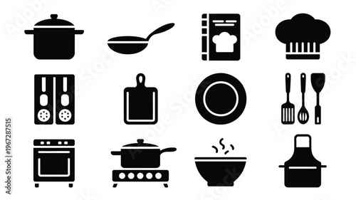 Collection of black culinary icons representing cooking utensils kitchen appliances and chef's hat perfect for food blogs restaurant menus and recipe designs conveying a sense
