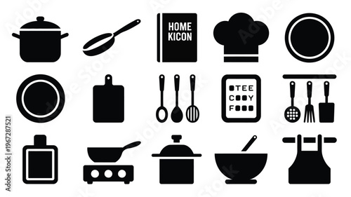 Collection of black silhouettes representing home cooking and kitchen utensils featuring pots pans spoons cutting boards chef hat apron and recipe book for culinary design concepts