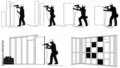 Worker in hard hat using power tool for construction work illustration