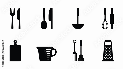 Collection of diverse black kitchen utensil silhouettes including fork knife spoon ladle whisk rolling pin cutting board measuring cup and grater isolated on a clean white