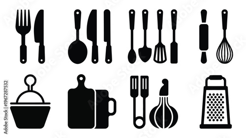 Collection of black silhouettes representing essential kitchen utensils and tools including cutlery spatulas rolling pin whisk napkin holder cutting boards garlic press and grater