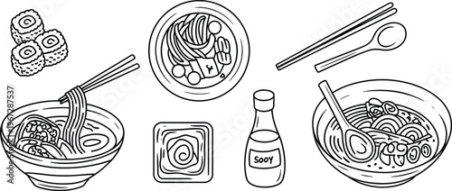 Japanese Food Doodle Icons Including Sushi Ramen And Soy Sauce Keywords: japanese, food, cuisine, sushi, ramen, noodles, soy