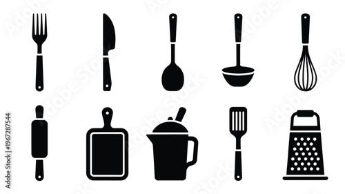Collection of black silhouette kitchen utensils and tools arranged in two rows on a clean white background featuring a fork knife spoon ladle whisk rolling pin cutting board
