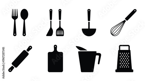 Collection of black kitchen utensil silhouettes including fork spoon spatulas ladle whisk rolling pin cutting board measuring cup and grater isolated on a clean white background