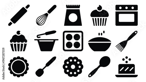 Collection of baking and pastry icons rolling pin whisk oven cupcakes dough cutter spoon pie pastry brush and cake for culinary design and food industry graphics