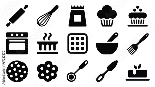 Collection of baking icons rolling pin whisk oven muffin cupcake cookie dough bowl fork pastry bag spatula cake and steam for culinary design and food preparation graphics