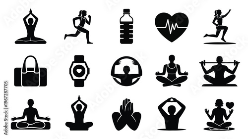 Healthy lifestyle silhouette logo set with fitness and wellness icons including yoga meditation running and heart rate symbols on white background