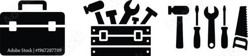 Vector Icon Set of Carpentry Tools Featuring Toolboxes, Hammer, Wrench, Screwdriver, and Hand Saw for Construction, Home Repair, and Handyman Services