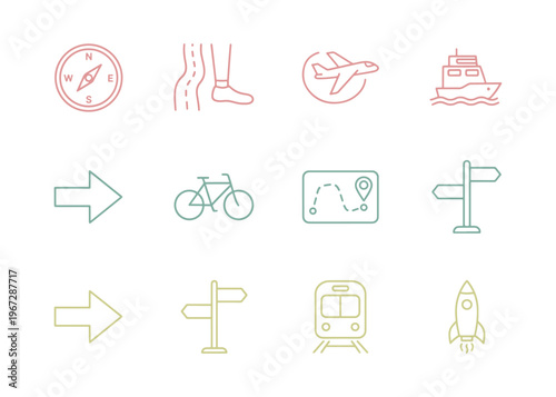 Navigation and travel line icon set featuring transport and direction symbols