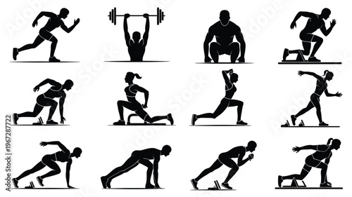 Dynamic collection of twelve diverse silhouette figures engaged in intense athletic training weightlifting and sprinting poses against a clean white background vector art