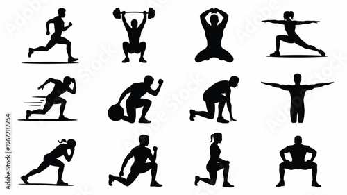 Dynamic silhouette collection of twelve diverse fitness exercises demonstrating strength training cardio and flexibility poses on a clean white background ideal for health