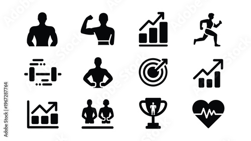 Diverse collection of minimalist black vector icons representing fitness health achievement and business growth including silhouettes of athletes weightlifting equipment target