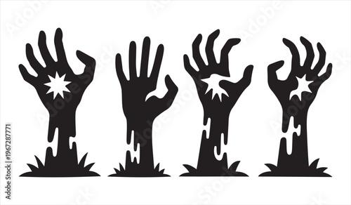 Zombie hands silhouettes rising from ground horror halloween illustration