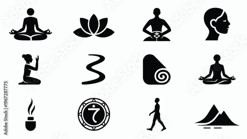 Collection of twelve minimalist black yoga and meditation icons including figures in poses lotus flower rolled mat incense chakra symbol mountains and walking silhouette