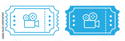 Event ticket icons. Cinema Ticket Icon Set with Film Camera Symbol, Movie Admission Pass Vector Illustration Outline and Solid Fill Minimal Design for Theater Booking, Entertainment Event Entry
