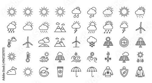 Collection of linear weather icons depicting sun clouds and atmospheric conditions