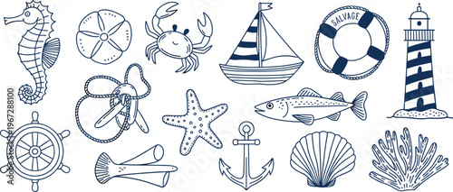 Nautical Themed Icons with Seahorse Lighthouse Sailboat and Anchor Keywords: nautical, marine, sea, ocean, beach, sailing, boat