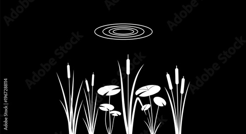 White cattails and lily pads illustration.