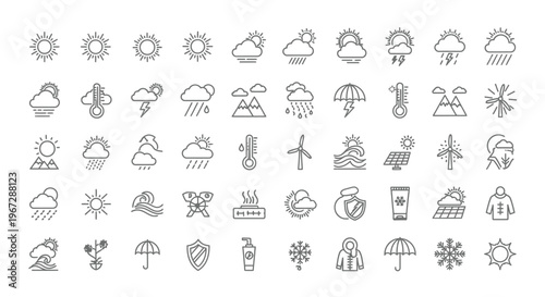 Collection of diverse black and white weather and climate related icons