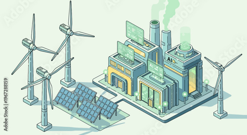 Renewable Energy Production Facility Combining Wind Turbines Solar Panels and Advanced Smelting Plant for Sustainable Power Generation