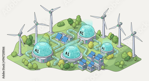 Sustainable energy farm with dome structures wind turbines and solar panels generating clean power on a grassy landscape representing ecologic development and renewable resource utilization for
