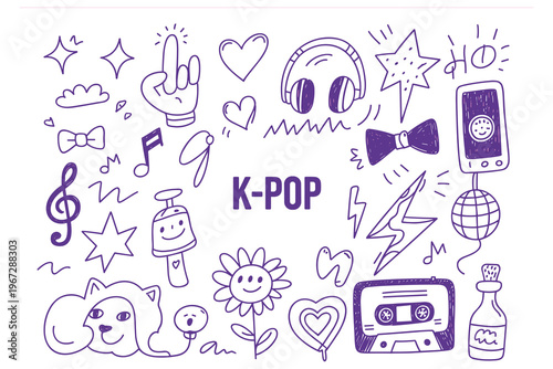 Purple K Pop Doodle Art Elements And Icons On White Background Keywords: kpop, music, entertainment, korea, korean, pop, culture