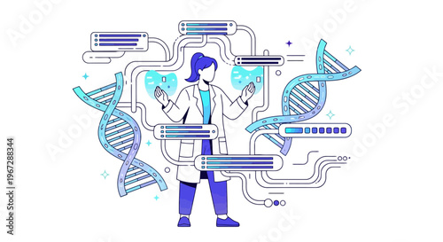 Biotechnology scientist working with advanced genetic research interfaces exploring DNA structures and complex data visualization for scientific
