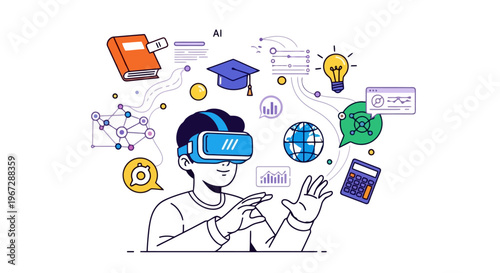 Child Explorer Immersed In Virtual Reality Learning Technology With Digital Education Elements And Future Innovation Concepts Displayed Around