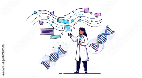 Female scientist analyzing complex genetic data and molecular structures in a vibrant laboratory setting showcasing research and discovery concepts