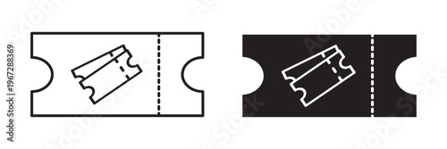 A simple black and white line art illustration featuring a stack of two classic admission tickets. Ticket Icon Set Minimal Event Admission Stub. for Booking Entry Pass, Cinema Concert Access Symbol. 