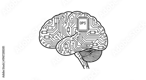 Human Brain Outline Integrated With Digital Circuitry And Technology Chip Concept For Artificial Intelligence And Information Processing