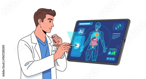 Male healthcare professional examines advanced digital display showing detailed human anatomy and medical data with a stylus pen for futuristic