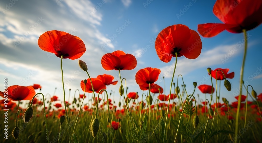 Fototapeta premium Vibrant red poppies in a field under a cloudy sky