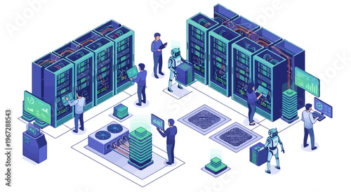 High tech data center with personnel monitoring server racks and robotic automation for network infrastructure management and digital storage