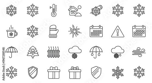 Collection of winter weather and holiday themed line icons