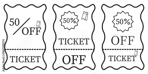 Discount Coupon Ticket Icon Set. 50 Percent Off, Sale Voucher Label with Wavy Edge Outline Vector Illustration for Shopping Promotion, Retail Offer Badge. Discount Sale Ticket Percentage Icon Set