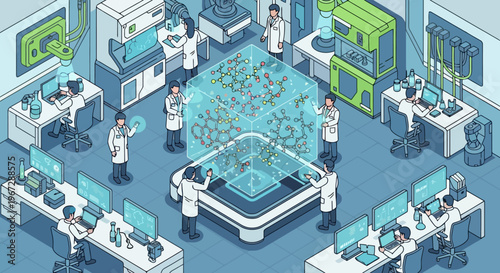 Scientists Analyze Complex Molecular Structure Displayed in Holographic Lab Environment With Advanced Technology and Computers