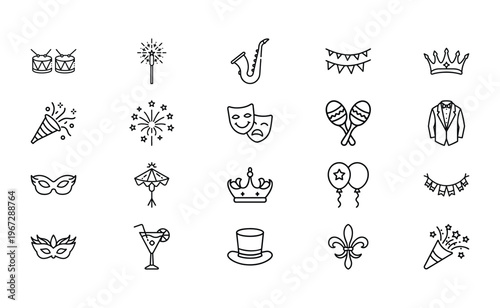Mardi Gras and carnival celebration line icon set with masquerade masks fireworks party poppers saxophone drums balloons cocktails fleur-de-lis and festive decorations for parades and events