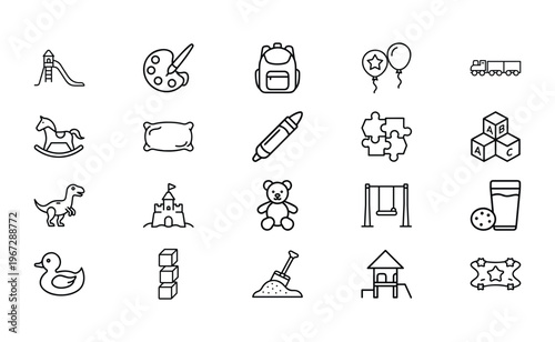 Set of minimalist outline icons for kindergarten nursery and preschool education featuring toys playground equipment art supplies school supplies and snacks for children and kids