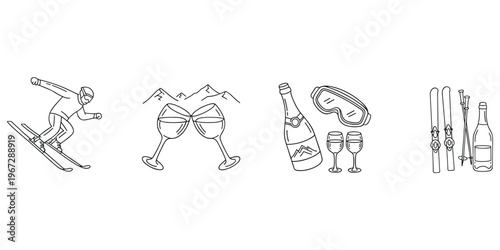 Skiing and Celebration Elements with Wine and Champagne skier skis
