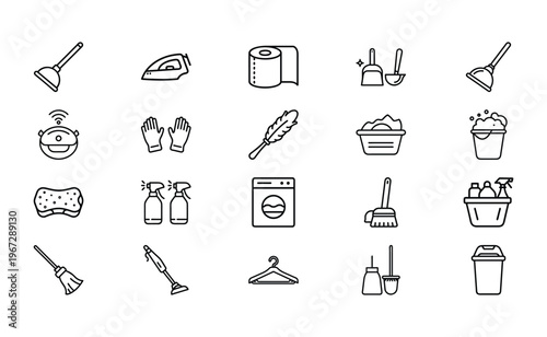 Set of twenty minimalist cleaning and housekeeping service line icons including tools like plunger iron toilet paper laundry basket washing machine broom spray bottles and robot vacuum cleaner.