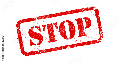 Red rubber stamp imprint with the word "STOP" in a frame with a weathered or grunge effect. Vector illustration.
