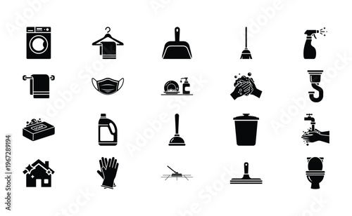 Set of household cleaning and hygiene icons featuring washing machine broom hand washing face mask gloves detergent and toilet symbols perfect for sanitation and housekeeping design projects.