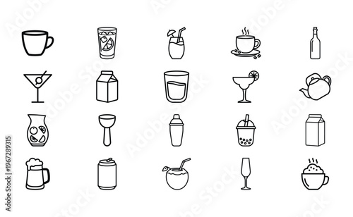 Comprehensive collection of beverage and drink line icons featuring coffee mugs, tea cups, cocktail glasses, wine bottles, milk cartons, beer mugs, soda cans, and tropical drinks for menu design.