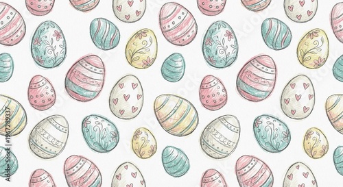 Seamless Pattern Hand Drawn Easter Eggs Pastel Whimsical Spring Design, Cute Sketchy Easter Egg Repeating Pattern with Stripes Dots Florals Hearts, Muted Pastel Pink Teal Yellow on White Background